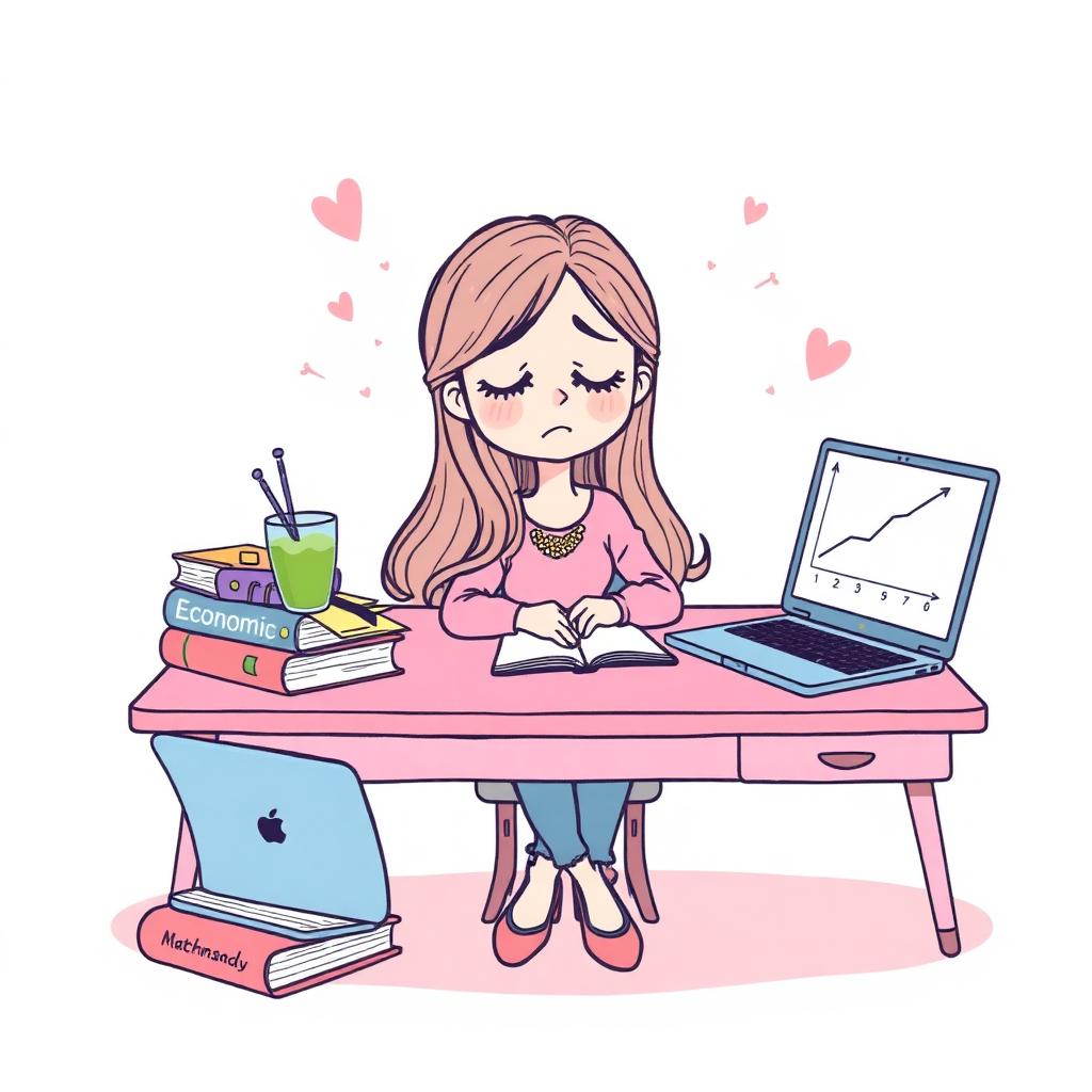 cartoon girl studying economics surrounded by textbooks and a matcha